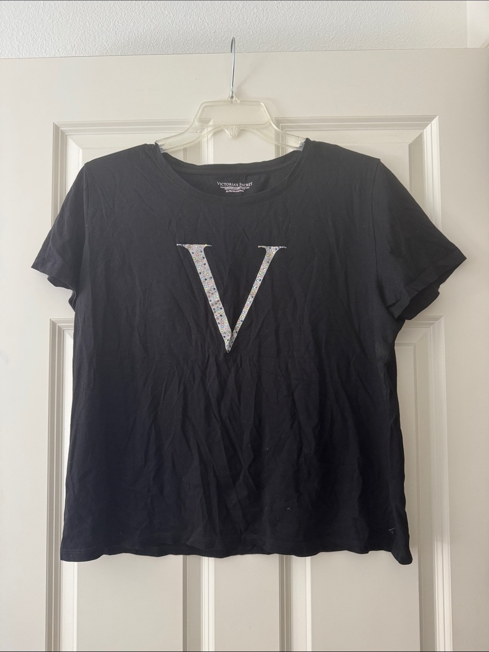Victoria's Secret Black Short Sleeve Tee with Embellished V size XL